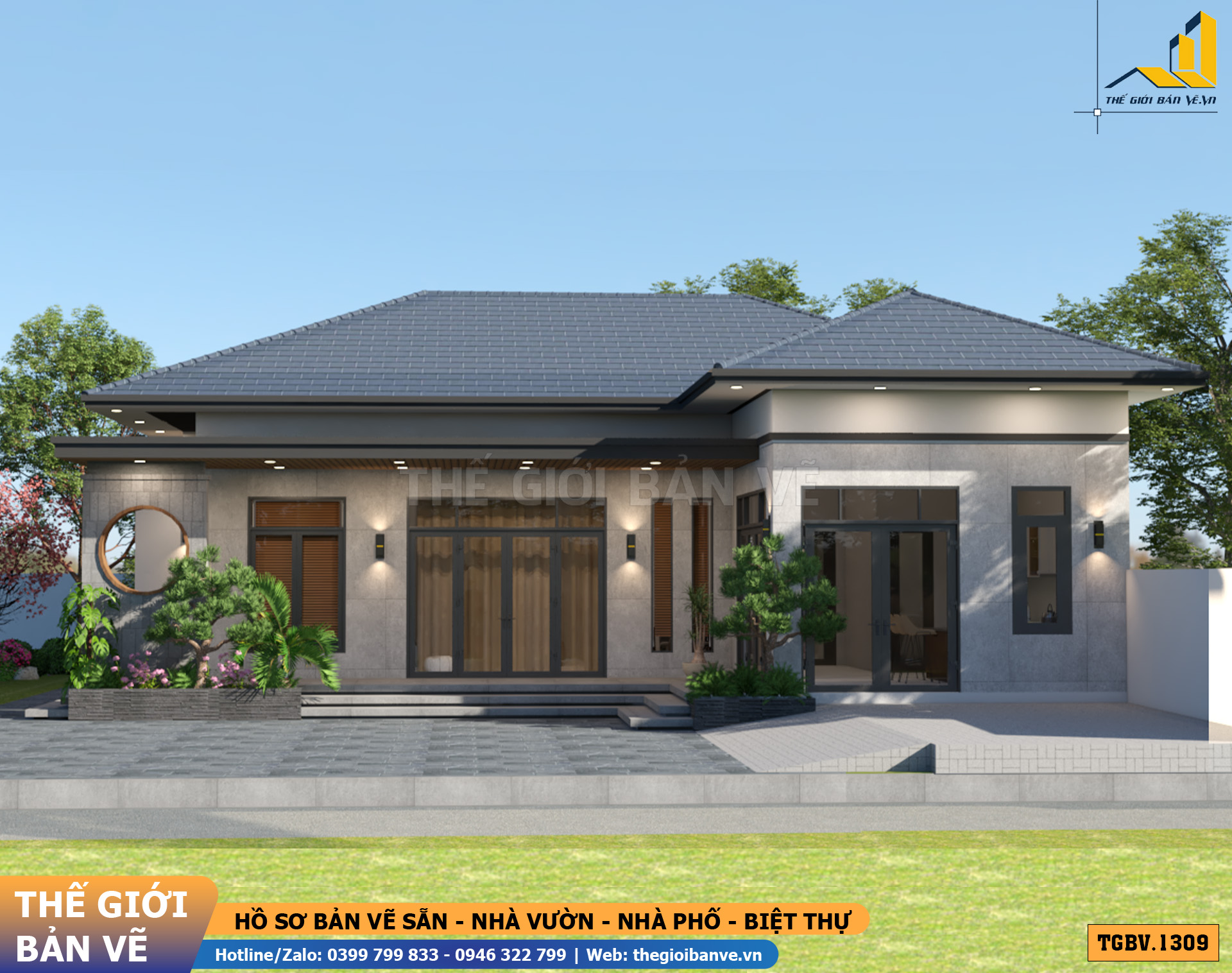 Nhà Vườn Mái Nhật 15.6x8.6m – 3 Phòng Ngủ Hiện Đại | TGBV.1309