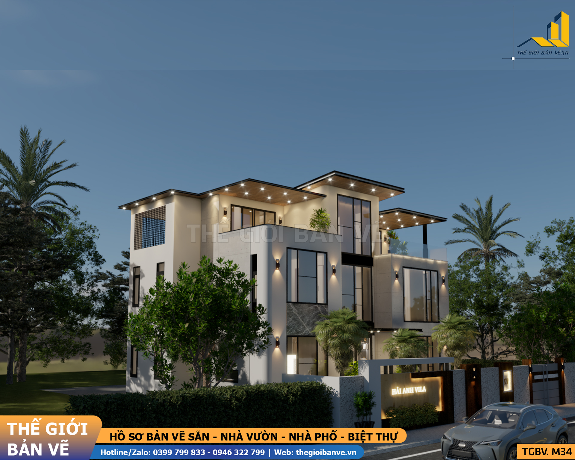 Biệt Thự Mái Bằng 3 Tầng 15.8x10.4m - 5 Phòng Ngủ | TGBV.M34