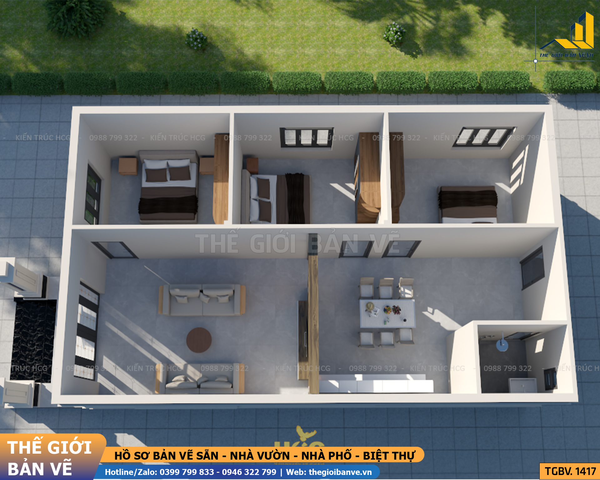 Nhà Vườn Mái Nhật 13.7x8.3m - 3 Phòng Ngủ | TGBV.1417