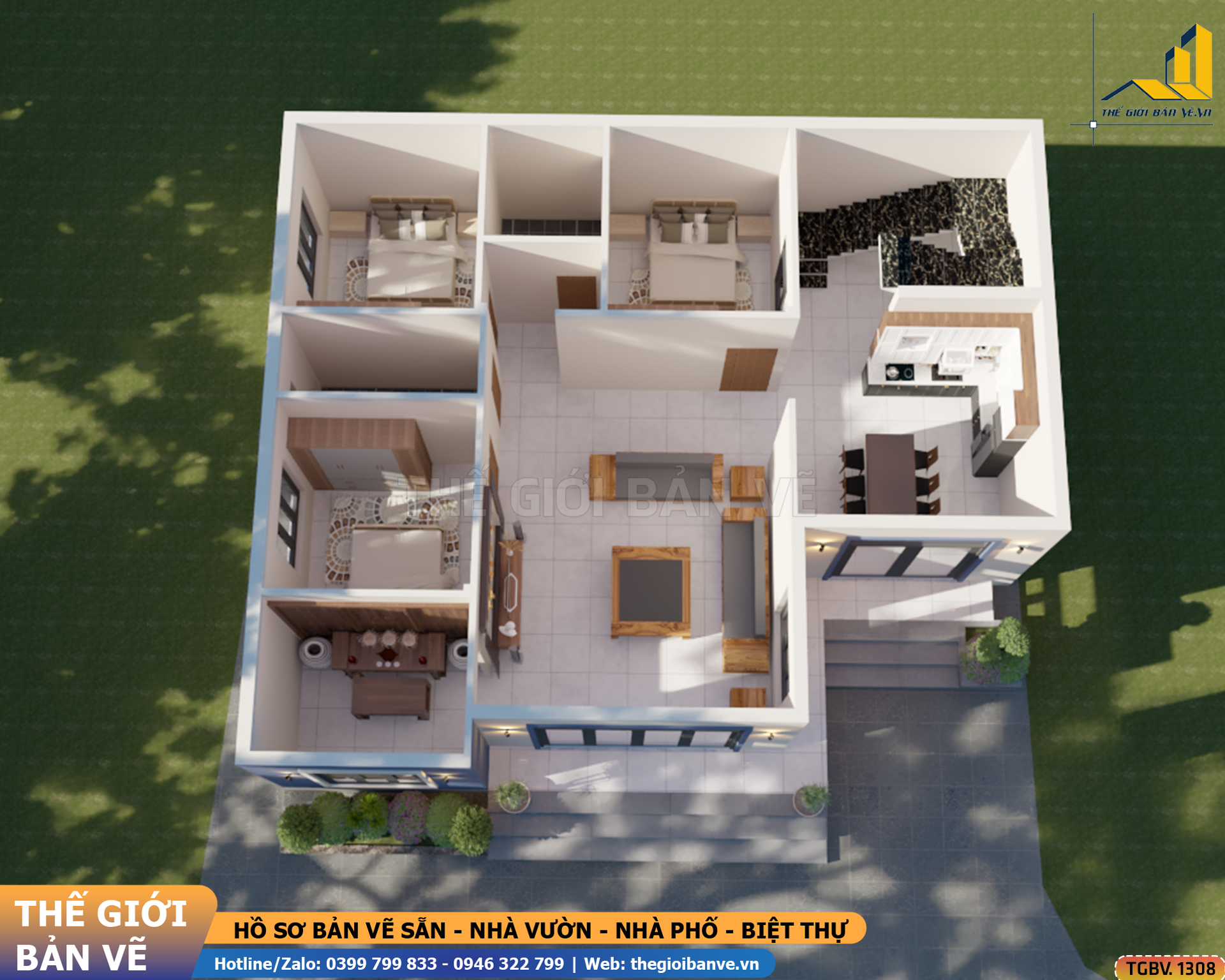 Nhà Vườn Mái Bằng 13.8x12m – 3 Phòng Ngủ Hiện Đại | TGBV.1308