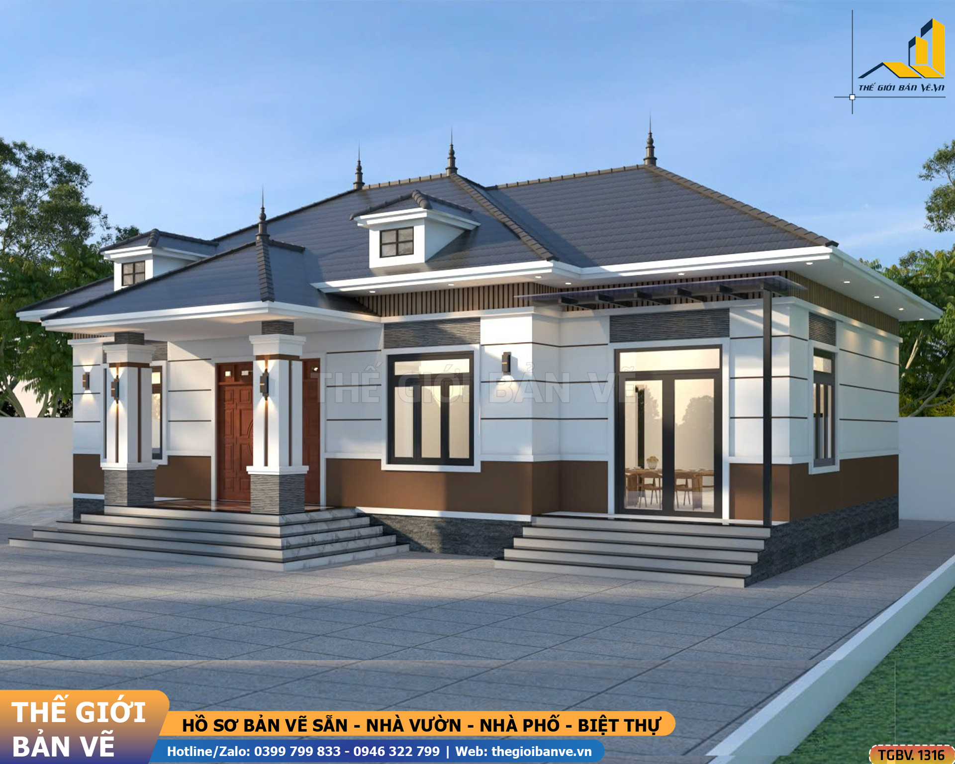 Nhà vườn Mái Nhật 15.9x12.9m – 4 Phòng Ngủ Hiện Đại | TGBV.1316