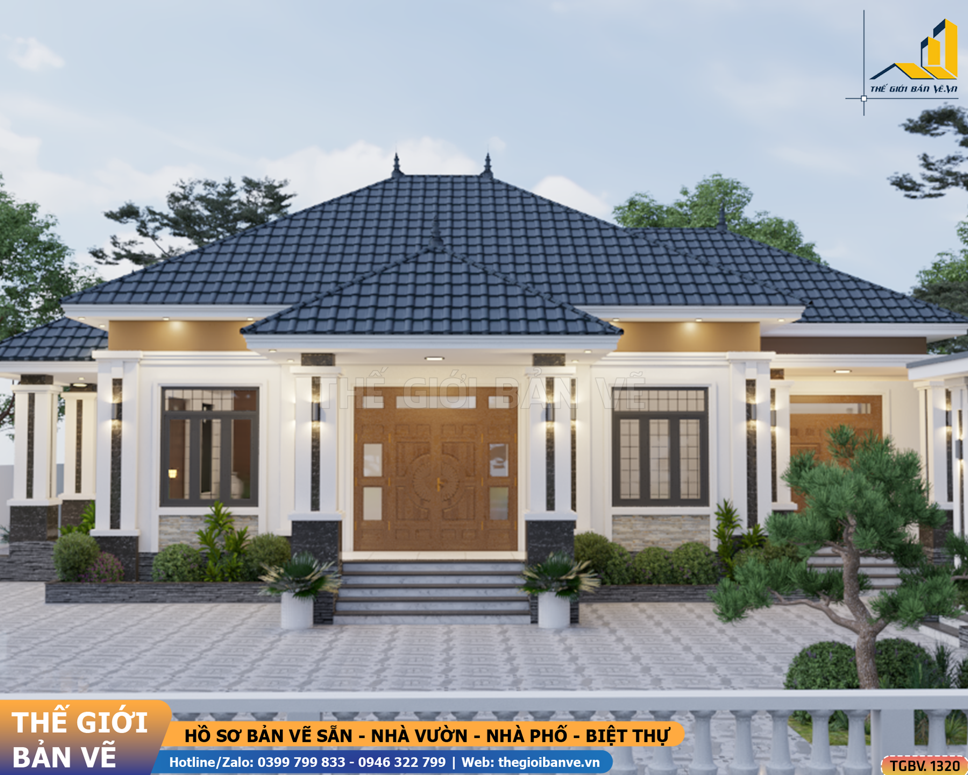 Nhà Vườn Mái Nhật 16.1x13.4m – 2 Sảnh, 3 Phòng Ngủ | TGBV.1320