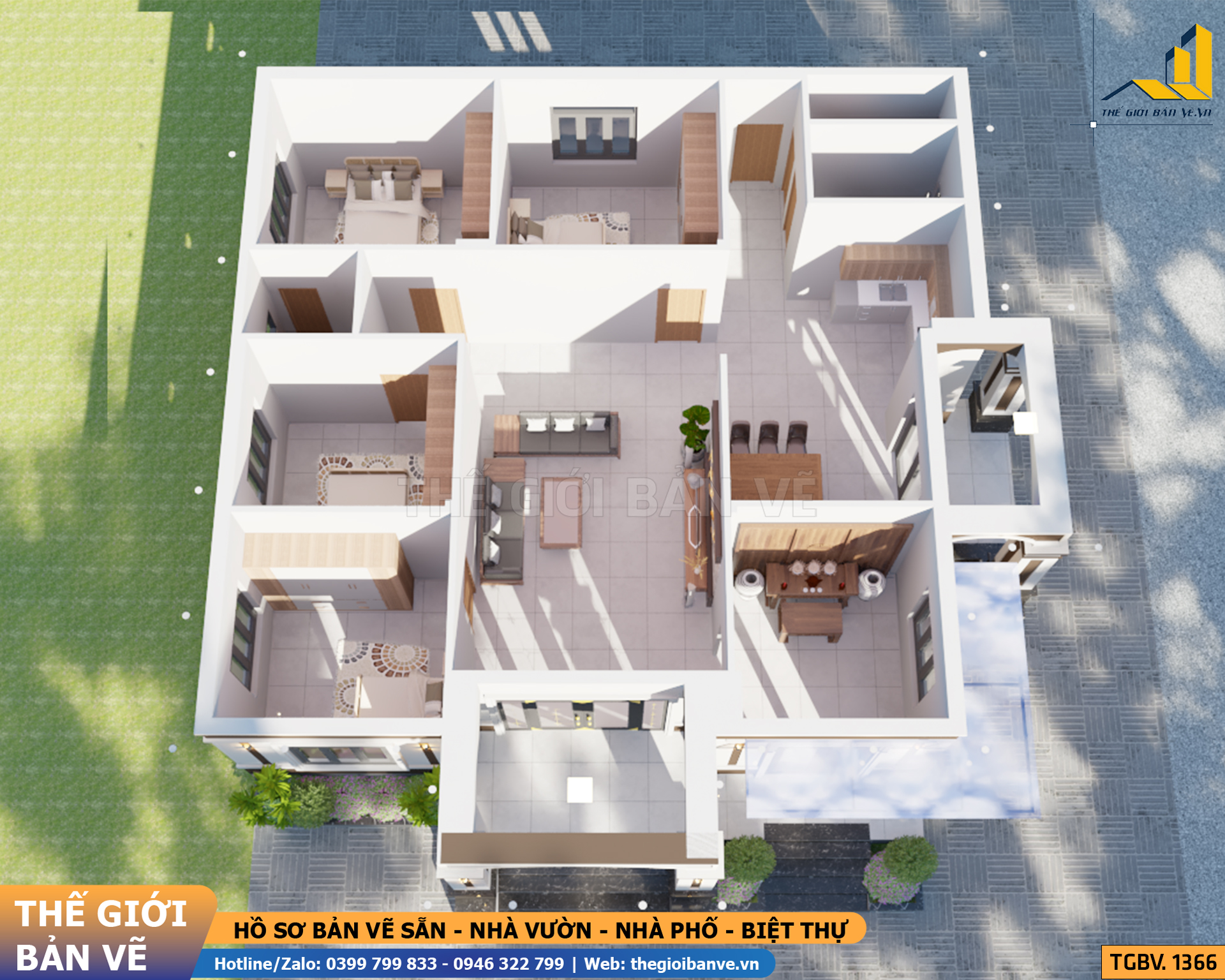 Nhà Vườn Mái Nhật 14.7x15.2m - 4 Phòng Ngủ | TGBV.1366