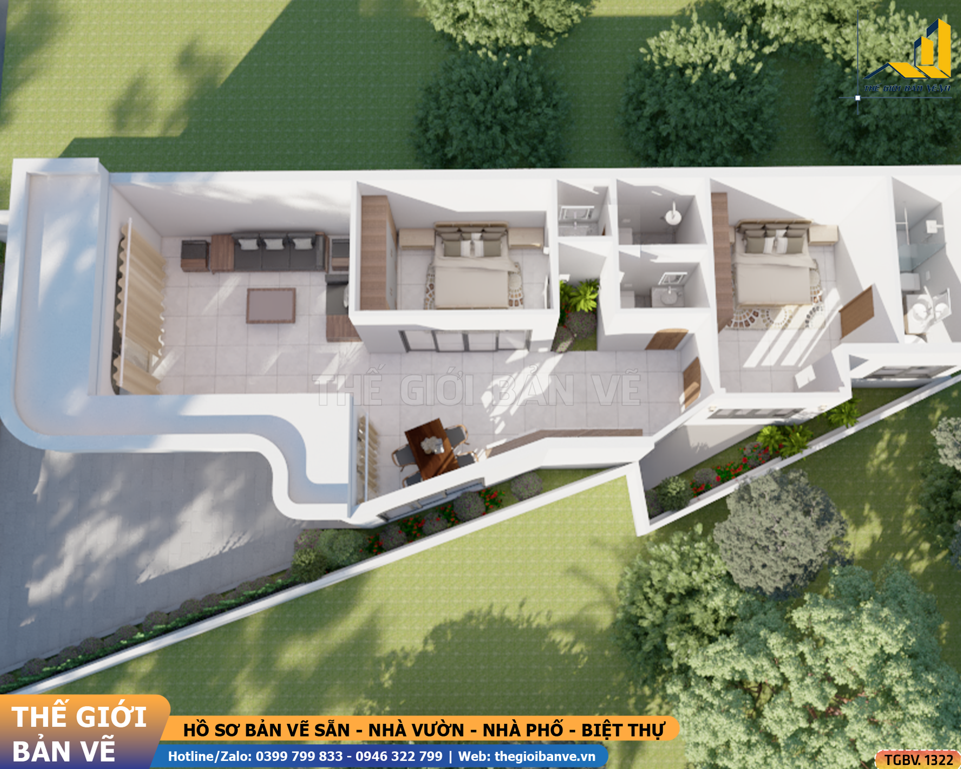 Nhà Vườn Mái Bằng 12x23m – Thiết Kế Theo Thế Đất Méo | TGBV.1322