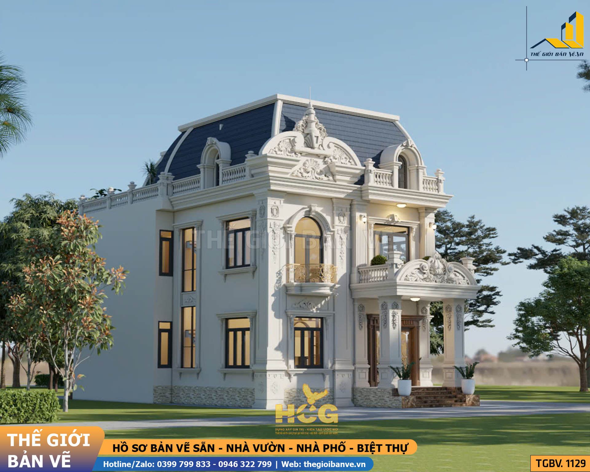 Biệt Thự 2 Tầng Mái Mansard 19.3x11.5m - 4 Phòng Ngủ | TGBV.1129