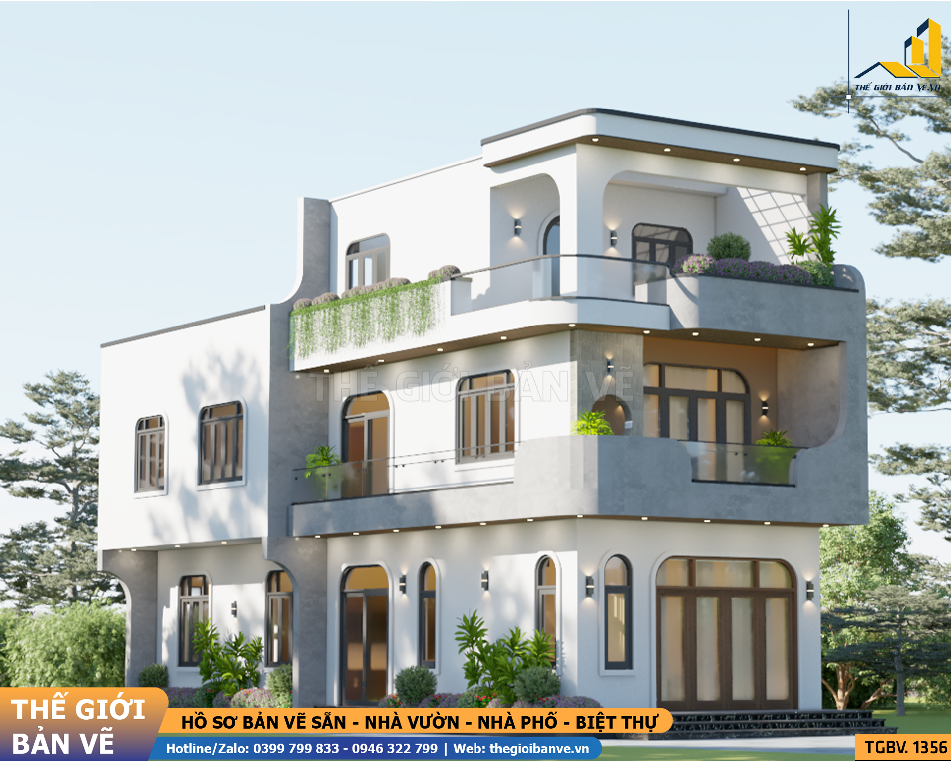 Biệt Thự Mái Bằng 2 Tầng 1 Tum 5.4x20.1m – 4 Phòng Ngủ | TGBV.1356