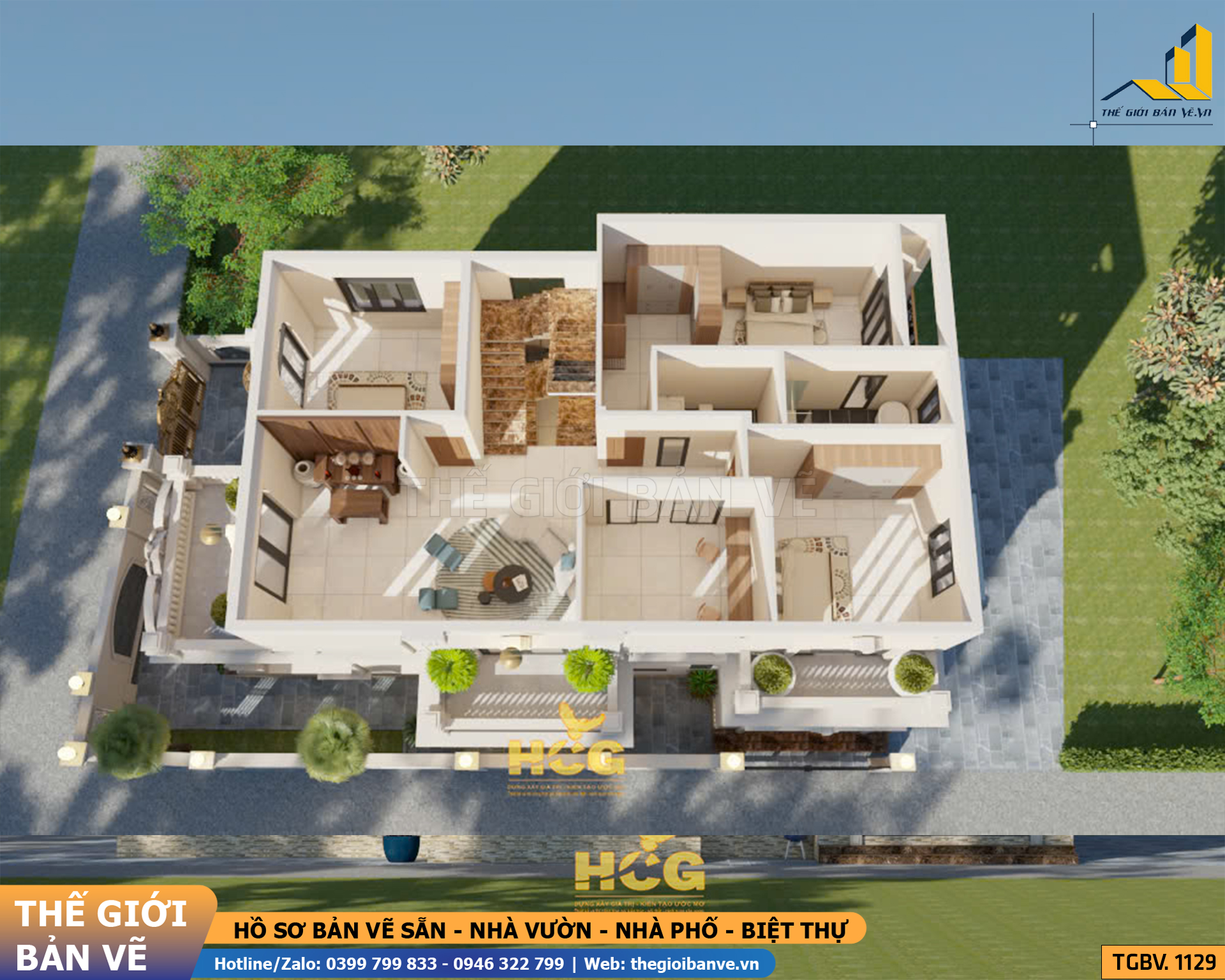 Biệt Thự 2 Tầng Mái Mansard 19.3x11.5m - 4 Phòng Ngủ | TGBV.1129