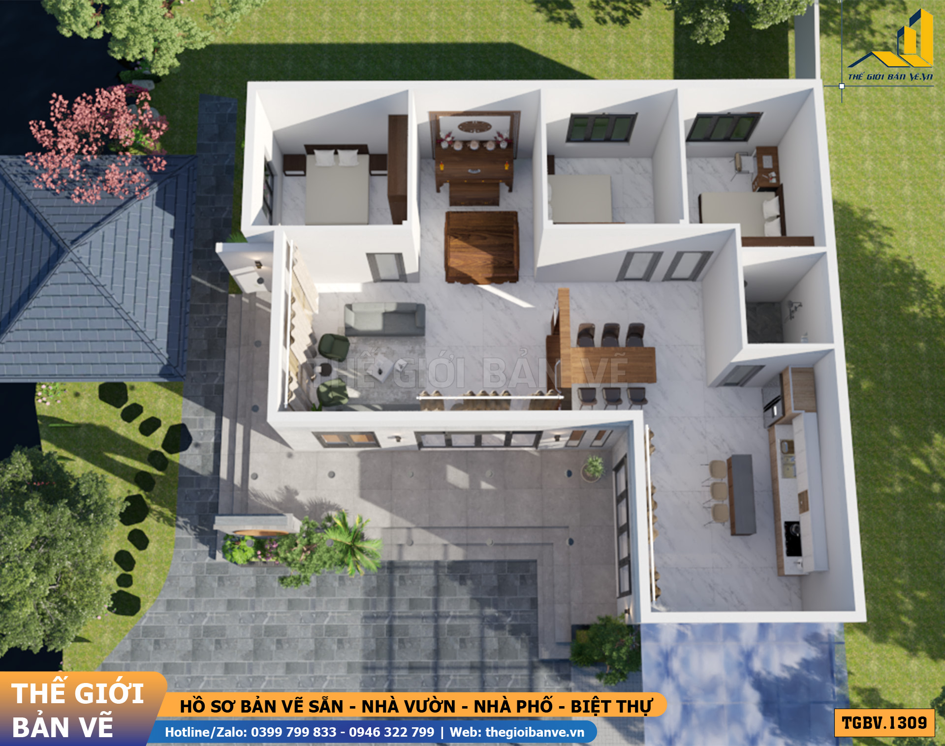 Nhà Vườn Mái Nhật 15.6x8.6m – 3 Phòng Ngủ Hiện Đại | TGBV.1309